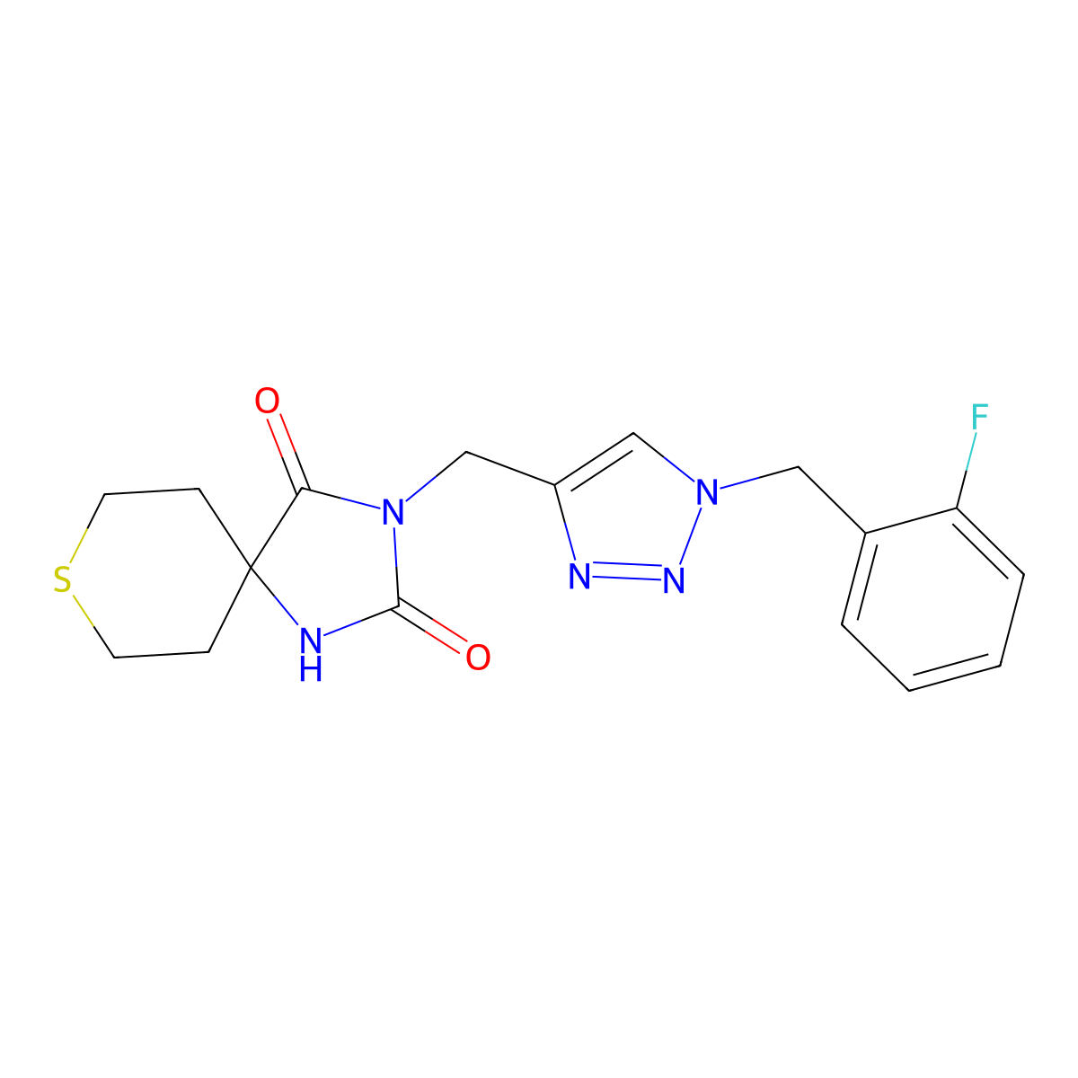 3-({1-[(2-fluorophenyl)methyl]-1H-1,2,3-triazol-4-yl}methyl)-8-thia-1,3-diazaspiro[4.5]decane-2,4-dione molecular structure, CAS 2770643-67-7