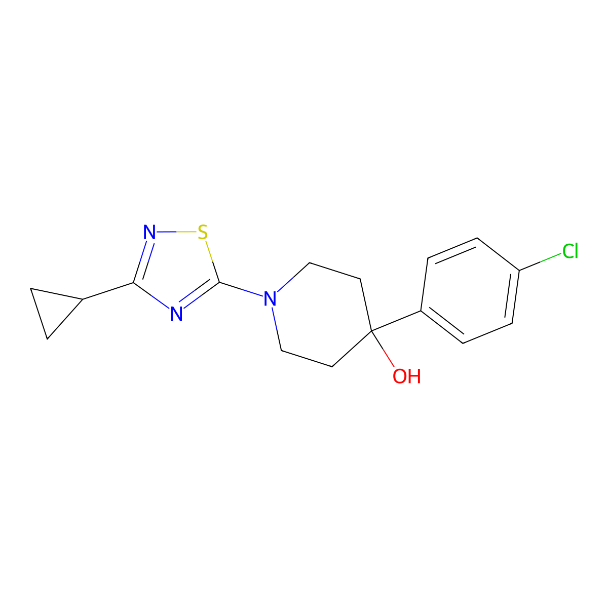 4-(4-Chlorophenyl)-1-(3-cyclopropyl-1,2,4-thiadiazol-5-yl)piperidin-4-ol molecular structure, CAS 2770643-71-3