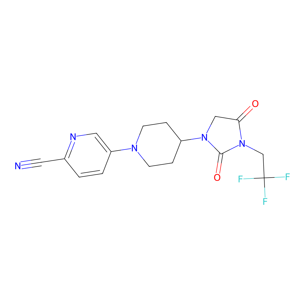 5-{4-[2,4-Dioxo-3-(2,2,2-trifluoroethyl)imidazolidin-1-yl]piperidin-1-yl}pyridine-2-carbonitrile molecular structure, CAS 2770643-74-6