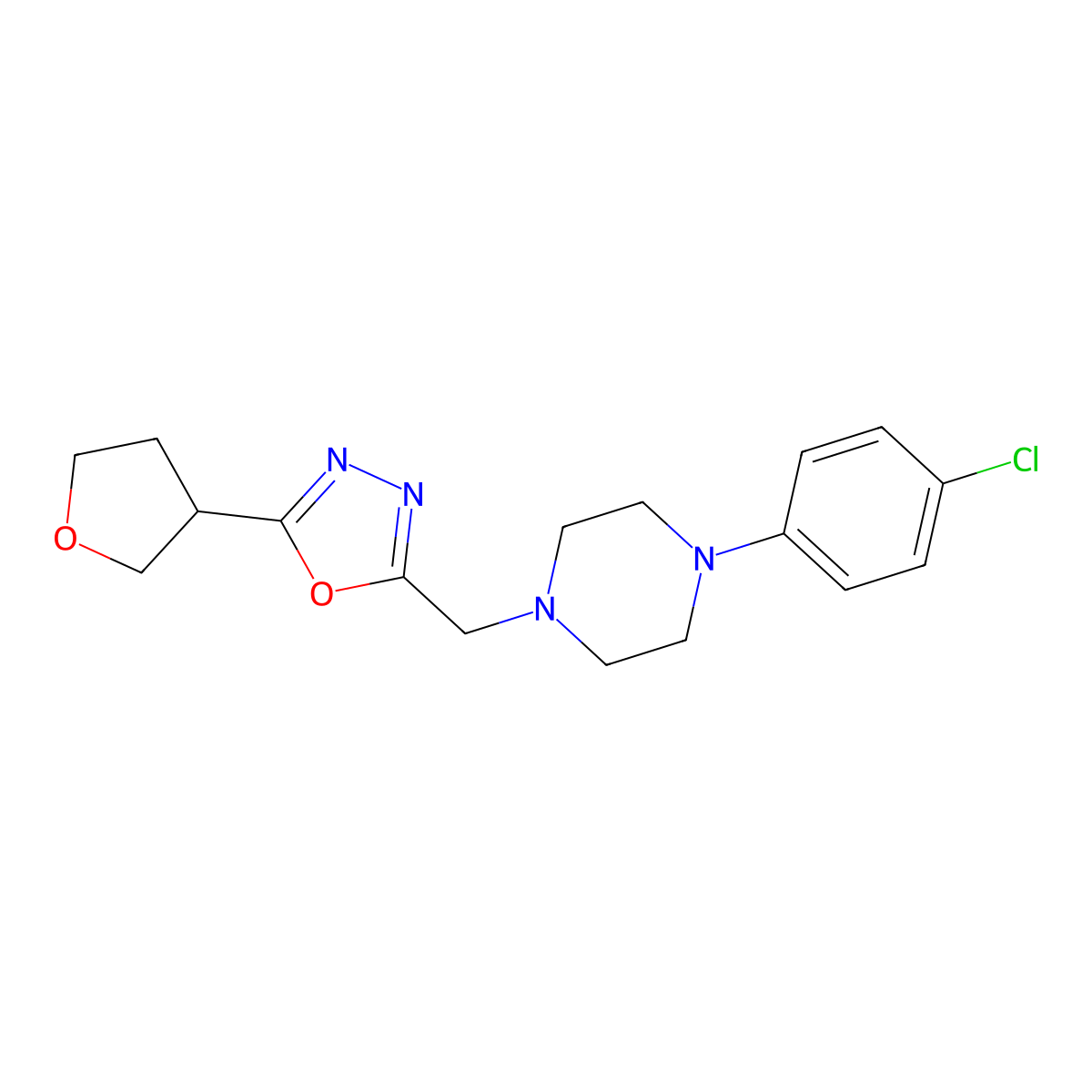 1-(4-Chlorophenyl)-4-{[5-(oxolan-3-yl)-1,3,4-oxadiazol-2-yl]methyl}piperazine molecular structure, CAS 2770643-80-4