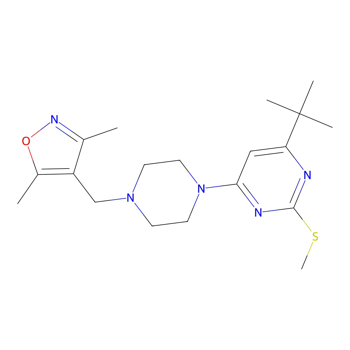4-Tert-butyl-6-{4-[(3,5-dimethyl-1,2-oxazol-4-yl)methyl]piperazin-1-yl}-2-(methylsulfanyl)pyrimidine molecular structure, CAS 2770643-89-3
