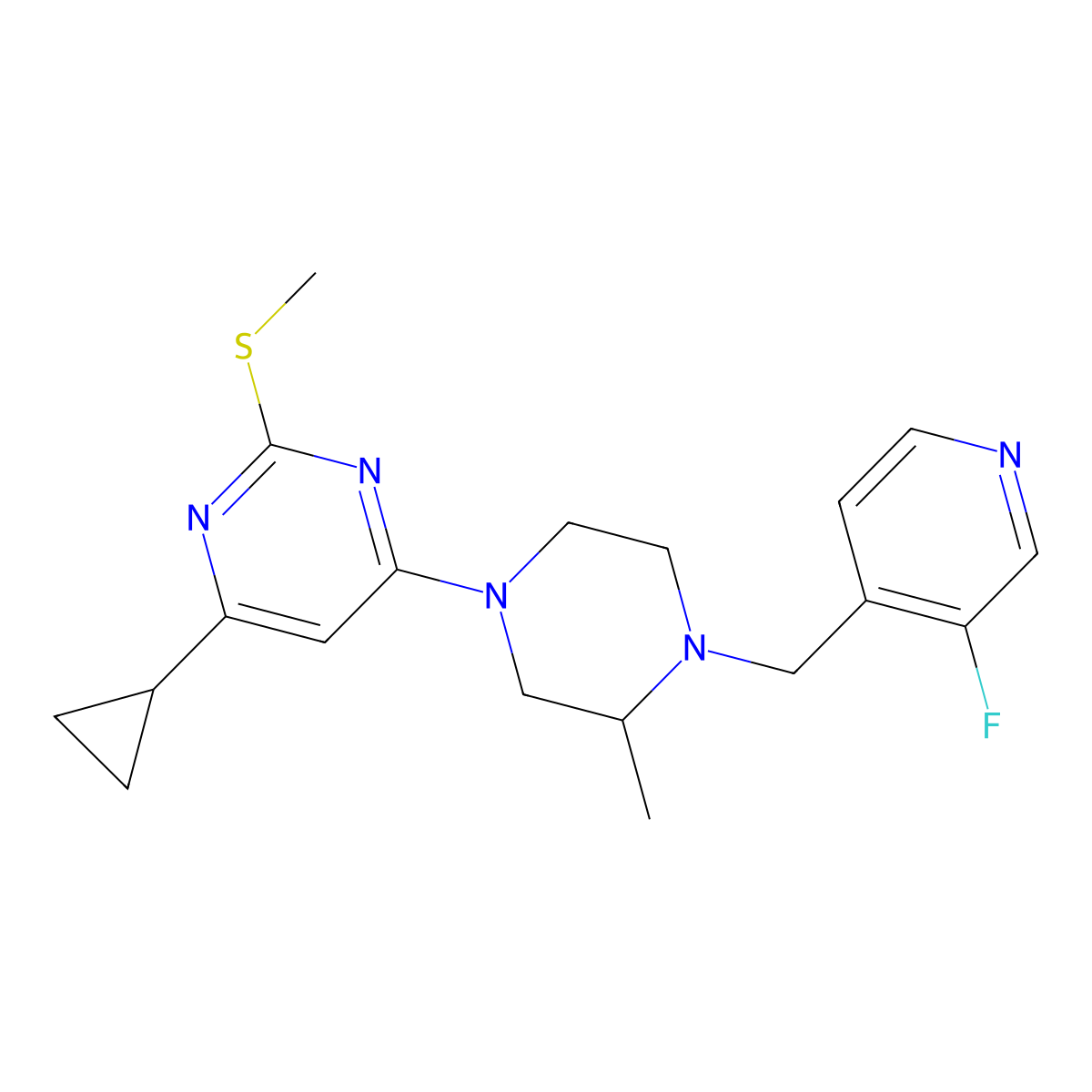 4-Cyclopropyl-6-{4-[(3-fluoropyridin-4-yl)methyl]-3-methylpiperazin-1-yl}-2-(methylsulfanyl)pyrimidine molecular structure, CAS 2770643-94-0