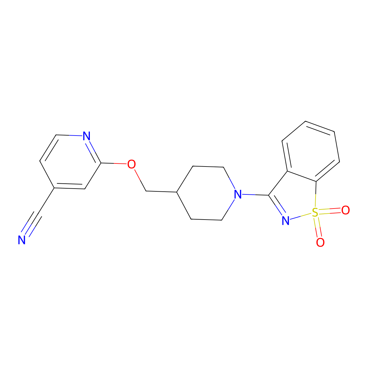 2-[[1-(1,1-Dioxo-1,2-benzothiazol-3-yl)piperidin-4-yl]methoxy]pyridine-4-carbonitrile molecular structure, CAS 2770644-07-8