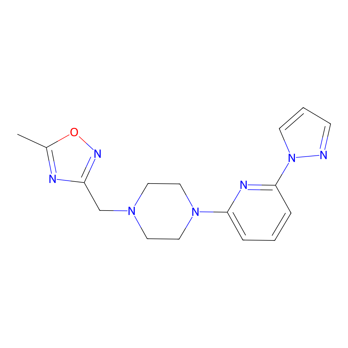 1-[(5-methyl-1,2,4-oxadiazol-3-yl)methyl]-4-[6-(1H-pyrazol-1-yl)pyridin-2-yl]piperazine molecular structure, CAS 2770644-13-6