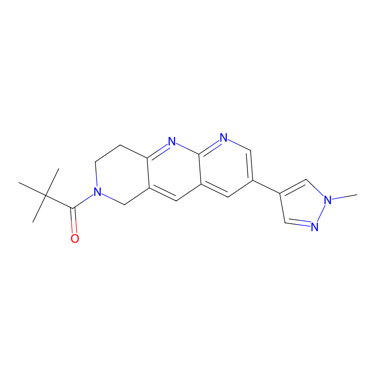 2,2-dimethyl-1-[3-(1-methyl-1H-pyrazol-4-yl)-6H,7H,8H,9H-pyrido[2,3-b]1,6-naphthyridin-7-yl]propan-1-one molecular structure, CAS 2770644-19-2
