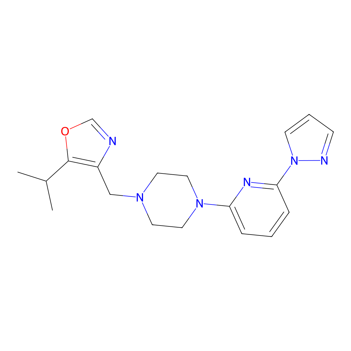 1-{[5-(propan-2-yl)-1,3-oxazol-4-yl]methyl}-4-[6-(1H-pyrazol-1-yl)pyridin-2-yl]piperazine molecular structure, CAS 2770644-26-1