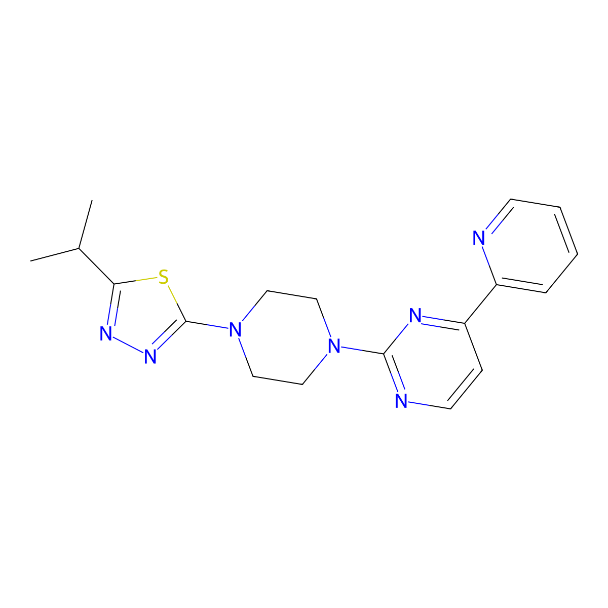 2-{4-[5-(Propan-2-yl)-1,3,4-thiadiazol-2-yl]piperazin-1-yl}-4-(pyridin-2-yl)pyrimidine molecular structure, CAS 2770644-27-2