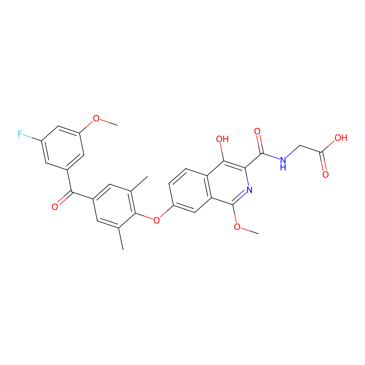 [(7-{4-[(3-Fluoro-5-methoxyphenyl)carbonyl]-2,6-dimethylphenoxy}-4-hydroxy-1-methoxyisoquinolin-3-yl)formamido]acetic acid molecular structure, CAS 2770681-85-9