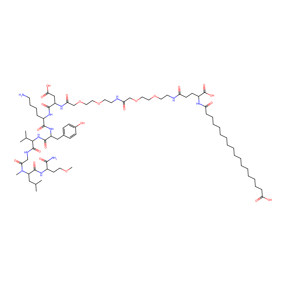 18-[[(1S)-4-[2-[2-[2-[2-[2-[2-[[(2S)-1-[[(2S)-6-amino-1-[[(2S)-1-[[(2S)-1-[[2-[[(2S)-1-[[(2S)-1-amino-4-methoxy-1-oxobutan-2-yl]amino]-4-methyl-1-oxopentan-2-yl]-methylamino]-2-oxoethyl]amino]-3-methyl-1-oxobutan-2-yl]amino]-3-(4-hydroxyphenyl)-1-oxopropan-2-yl]amino]-1-oxohexan-2-yl]amino]-3-carboxy-1-oxopropan-2-yl]amino]-2-oxoethoxy]ethoxy]ethylamino]-2-oxoethoxy]ethoxy]ethylamino]-1-carboxy-4-oxobutyl]amino]-18-oxooctadecanoic acid molecular structure, CAS 2770688-48-5