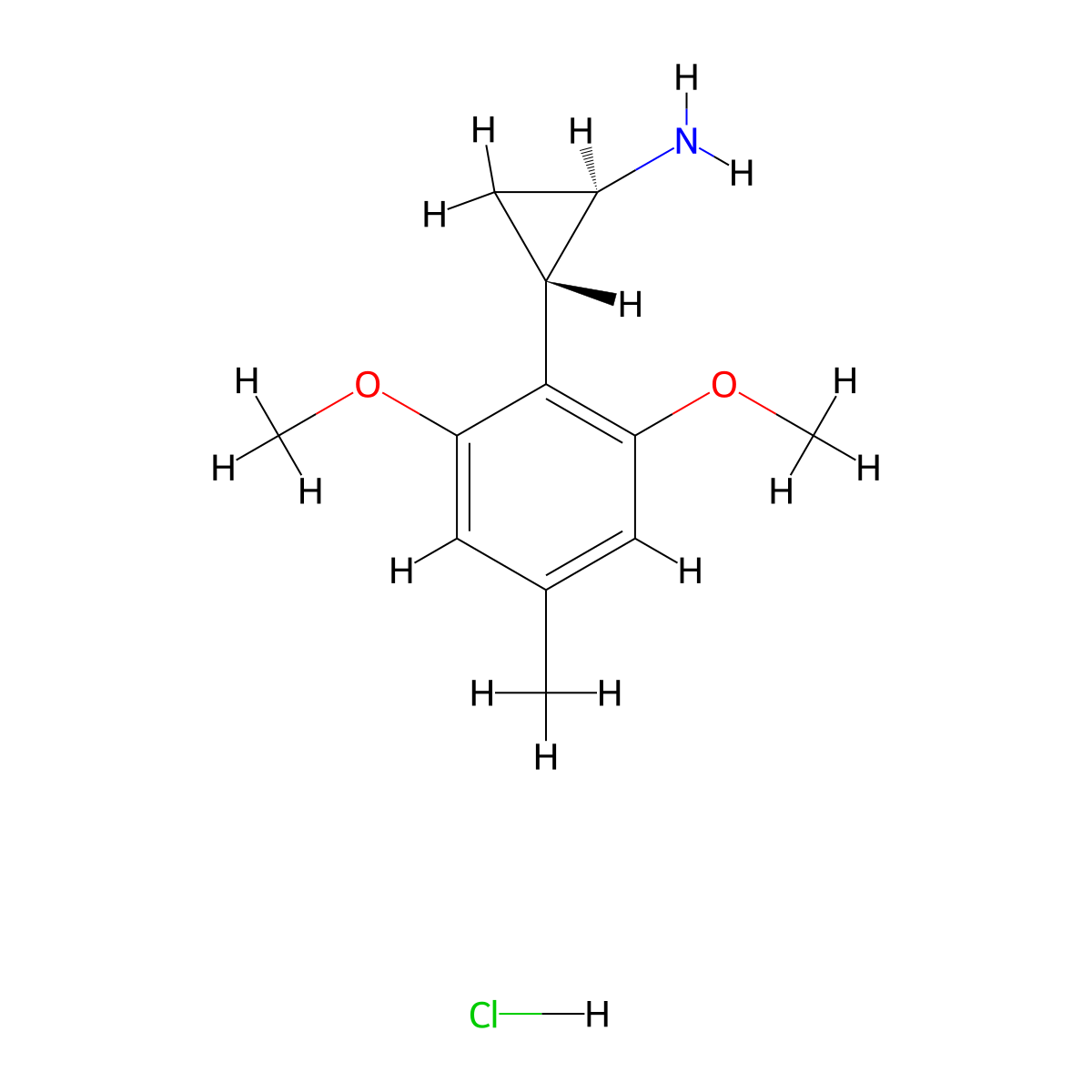 rac-(1R,2S)-2-(2,6-dimethoxy-4-methylphenyl)cyclopropan-1-amine hydrochloride, trans molecular structure, CAS 2770895-58-2