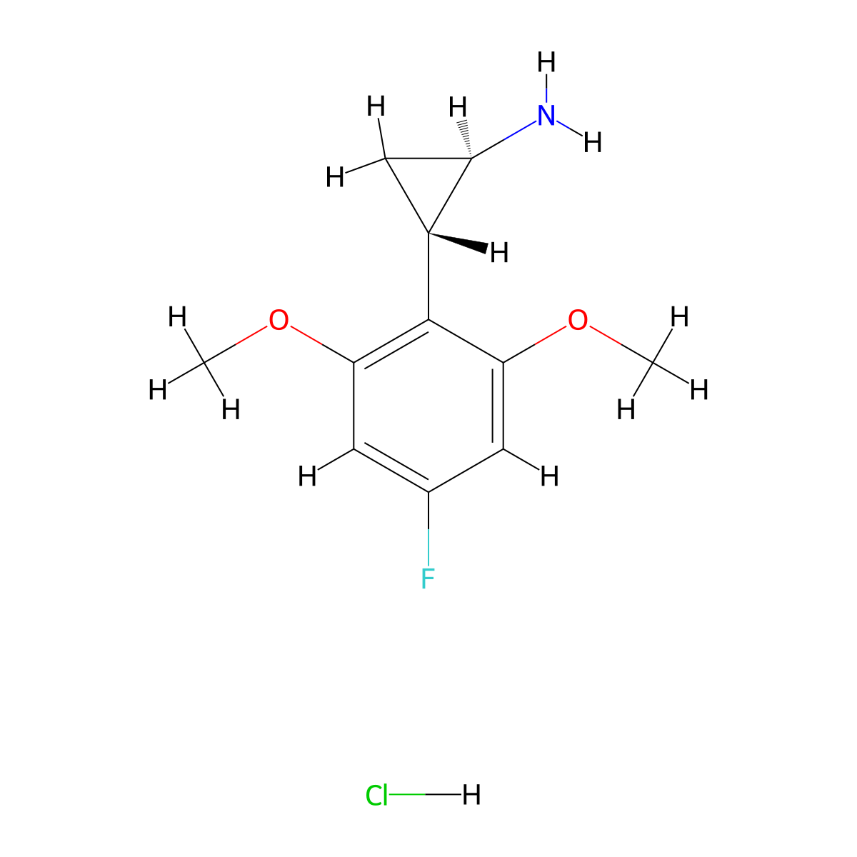 rac-(1R,2S)-2-(4-fluoro-2,6-dimethoxyphenyl)cyclopropan-1-amine hydrochloride, trans molecular structure, CAS 2770896-07-4