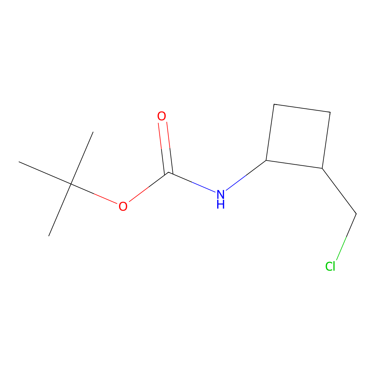 rac-tert-butyl N-[(1R,2S)-2-(chloromethyl)cyclobutyl]carbamate, cis molecular structure, CAS 2770896-71-2