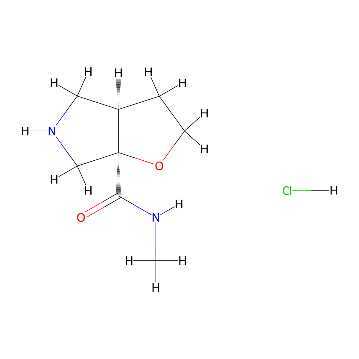 rac-(3aR,6aR)-N-methyl-hexahydro-2H-furo[2,3-c]pyrrole-6a-carboxamide hydrochloride, cis molecular structure, CAS 2770896-91-6