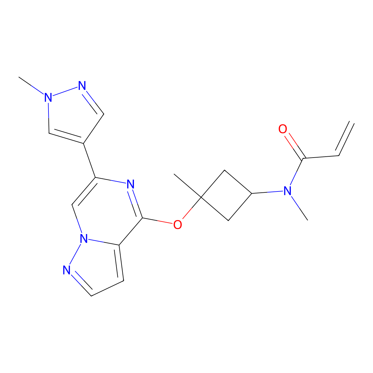 N-Methyl-N-(cis-3-methyl-3-((6-(1-methyl-1H-pyrazol-4-yl)pyrazolo[1,5-a]pyrazin-4-yl)oxy)cyclobutyl)acrylamide molecular structure, CAS 2770960-52-4