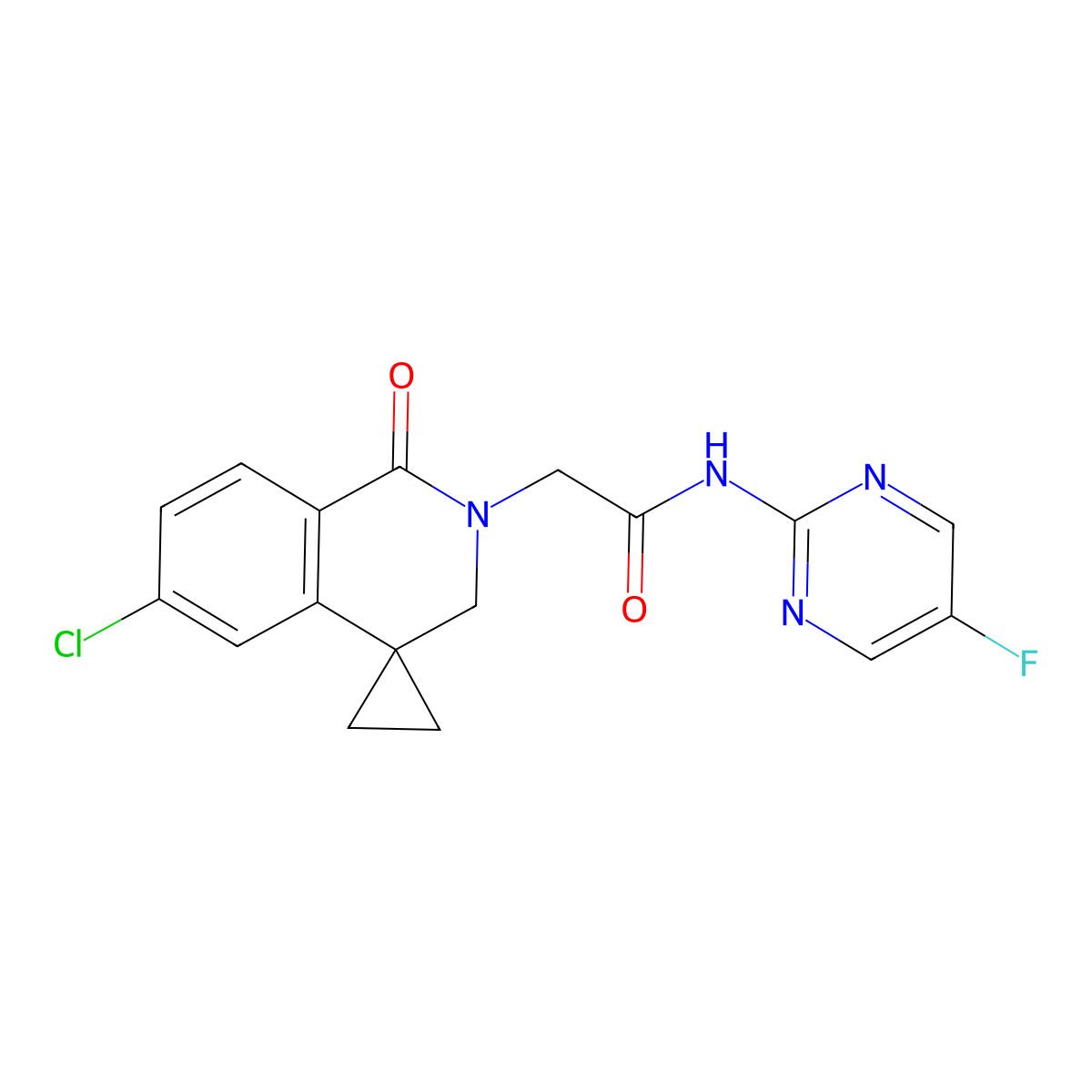 2-(6-chloro-1-oxospiro[3H-isoquinoline-4,1'-cyclopropane]-2-yl)-N-(5-fluoropyrimidin-2-yl)acetamide molecular structure, CAS 2771019-10-2