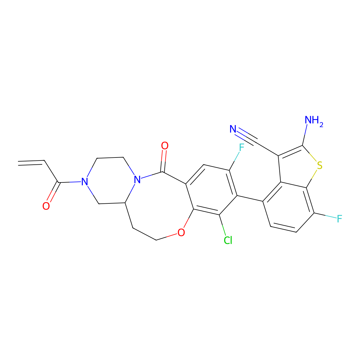 (4R)-2-Amino-4-[(4aS)-8-chloro-10-fluoro-2,3,4,4a,5,6-hexahydro-12-oxo-3-(1-oxo-2-propen-1-yl)-1H,12H-pyrazino[2,1-d][1,5]benzoxazocin-9-yl]-7-fluorobenzo[b]thiophene-3-carbonitrile molecular structure, CAS 2771246-13-8