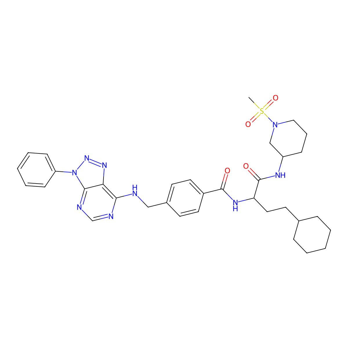 N-((2S)-4-Cyclohexyl-1-((1-(methylsulfonyl)piperidin-3-YL)amino)-1-oxobutan-2-YL)-4-(((3-phenyl-3H-[1,2,3]triazolo[4,5-D]pyrimidin-7-YL)amino)methyl)benzamide molecular structure, CAS 2771298-56-5