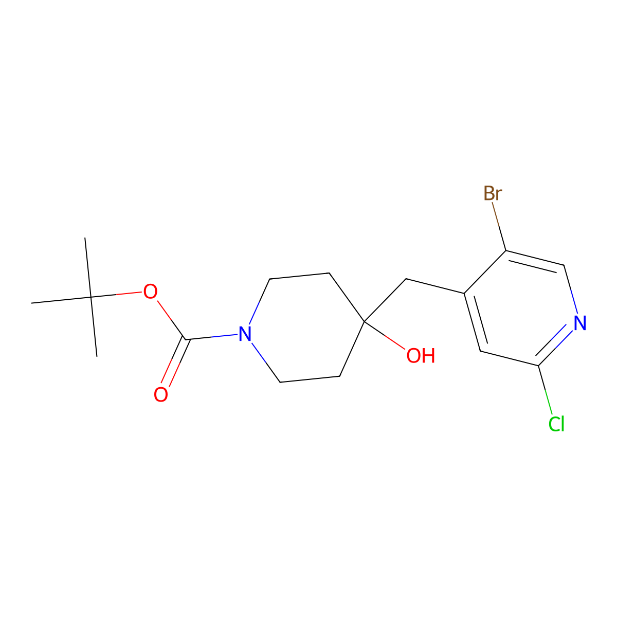 Tert-butyl 4-[(5-bromo-2-chloro-4-pyridyl)methyl]-4-hydroxy-piperidine-1-carboxylate molecular structure, CAS 2771352-36-2