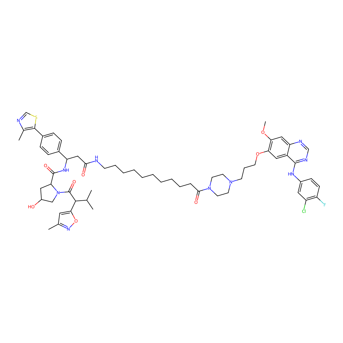 (3S)-N-(11-{4-[3-({4-[(3-chloro-4-fluorophenyl)amino]-7-methoxyquinazolin-6-yl}oxy)propyl]piperazin-1-yl}-11-oxoundecyl)-3-{[(2S,4R)-4-hydroxy-1-[(2R)-3-methyl-2-(3-methyl-1,2-oxazol-5-yl)butanoyl]pyrrolidin-2-yl]formamido}-3-[4-(4-methyl-1,3-thiazol-5-yl)phenyl]propanamide molecular structure, CAS 2772612-96-9