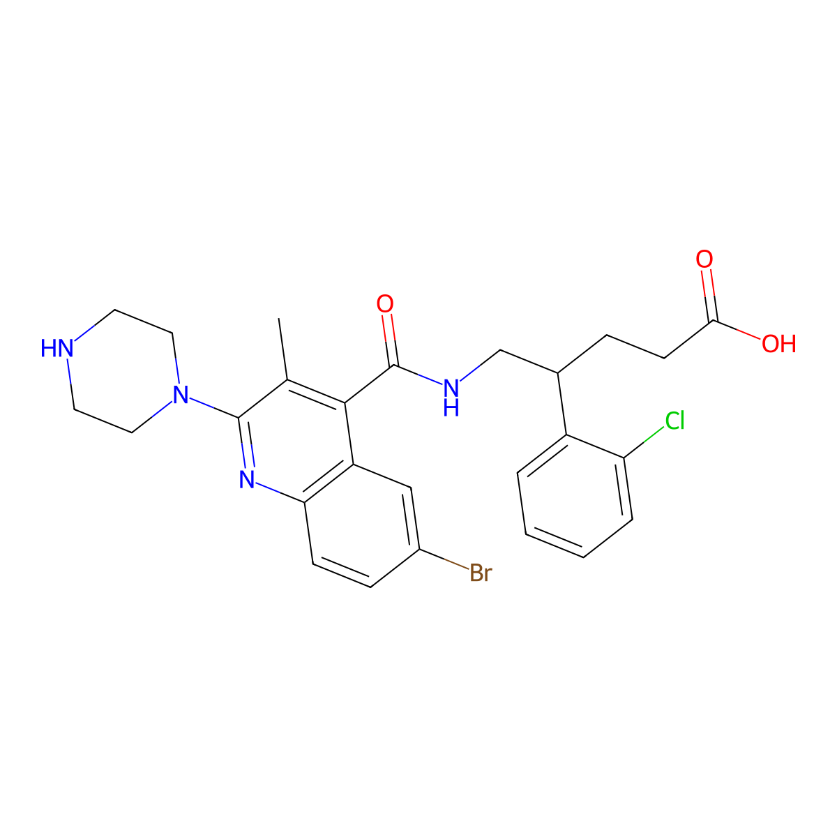(R)-5-(6-Bromo-3-methyl-2-(piperazin-1-YL)quinoline-4-carboxamido)-4-(2-chlorophenyl)pentanoic acid molecular structure, CAS 2772921-54-5
