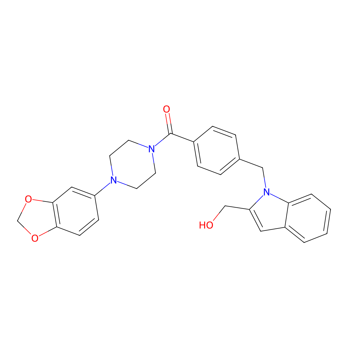 (4-(Benzo[d][1,3]dioxol-5-yl)piperazin-1-yl)(4-((2-(hydroxymethyl)-1H-indol-1-yl)methyl)phenyl)methanone molecular structure, CAS 2775241-92-2