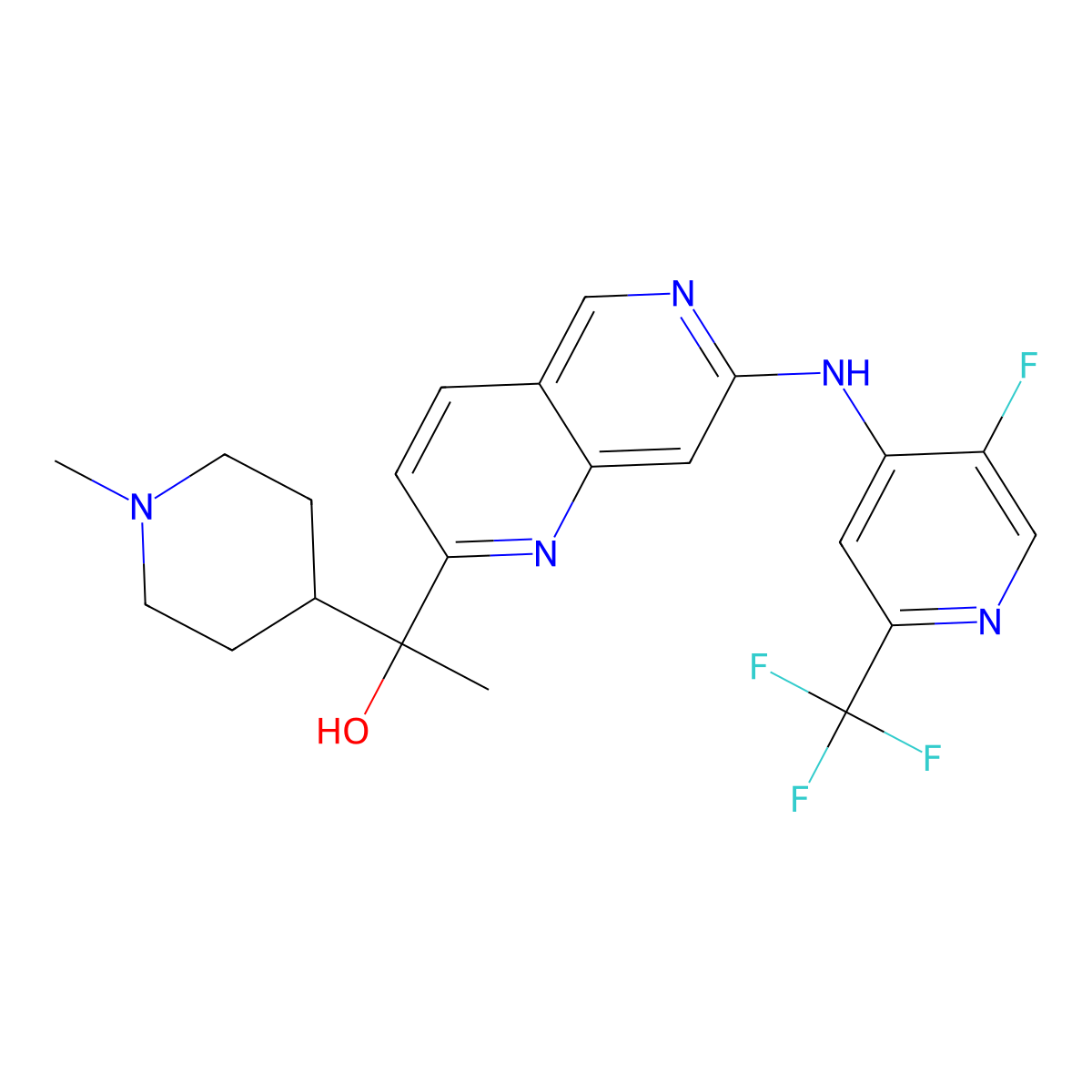 (R)-1-(7-((5-Fluoro-2-(trifluoromethyl)pyridin-4-yl)amino)-1,6-naphthyridin-2-yl)-1-(1-methylpiperidin-4-yl)ethanol molecular structure, CAS 2775311-17-4