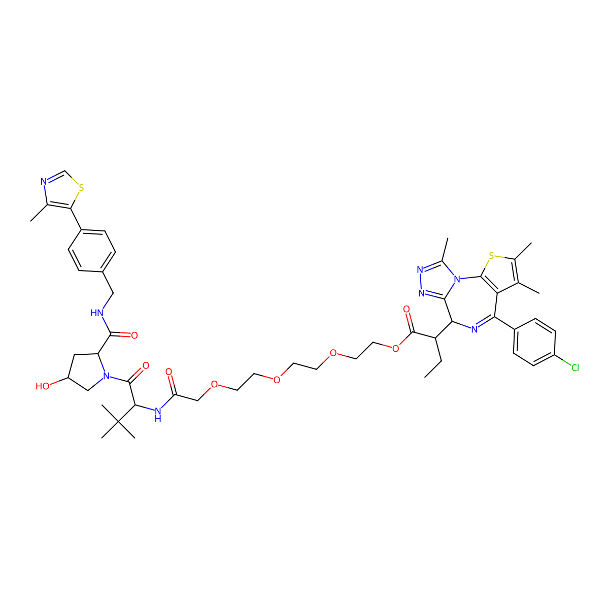 2-[2-[2-[2-[[(2S)-1-[(2S,4S)-4-hydroxy-2-[[4-(4-methyl-1,3-thiazol-5-yl)phenyl]methylcarbamoyl]pyrrolidin-1-yl]-3,3-dimethyl-1-oxobutan-2-yl]amino]-2-oxoethoxy]ethoxy]ethoxy]ethyl (2R)-2-[(9S)-7-(4-chlorophenyl)-4,5,13-trimethyl-3-thia-1,8,11,12-tetrazatricyclo[8.3.0.02,6]trideca-2(6),4,7,10,12-pentaen-9-yl]butanoate molecular structure, CAS 2776190-80-6