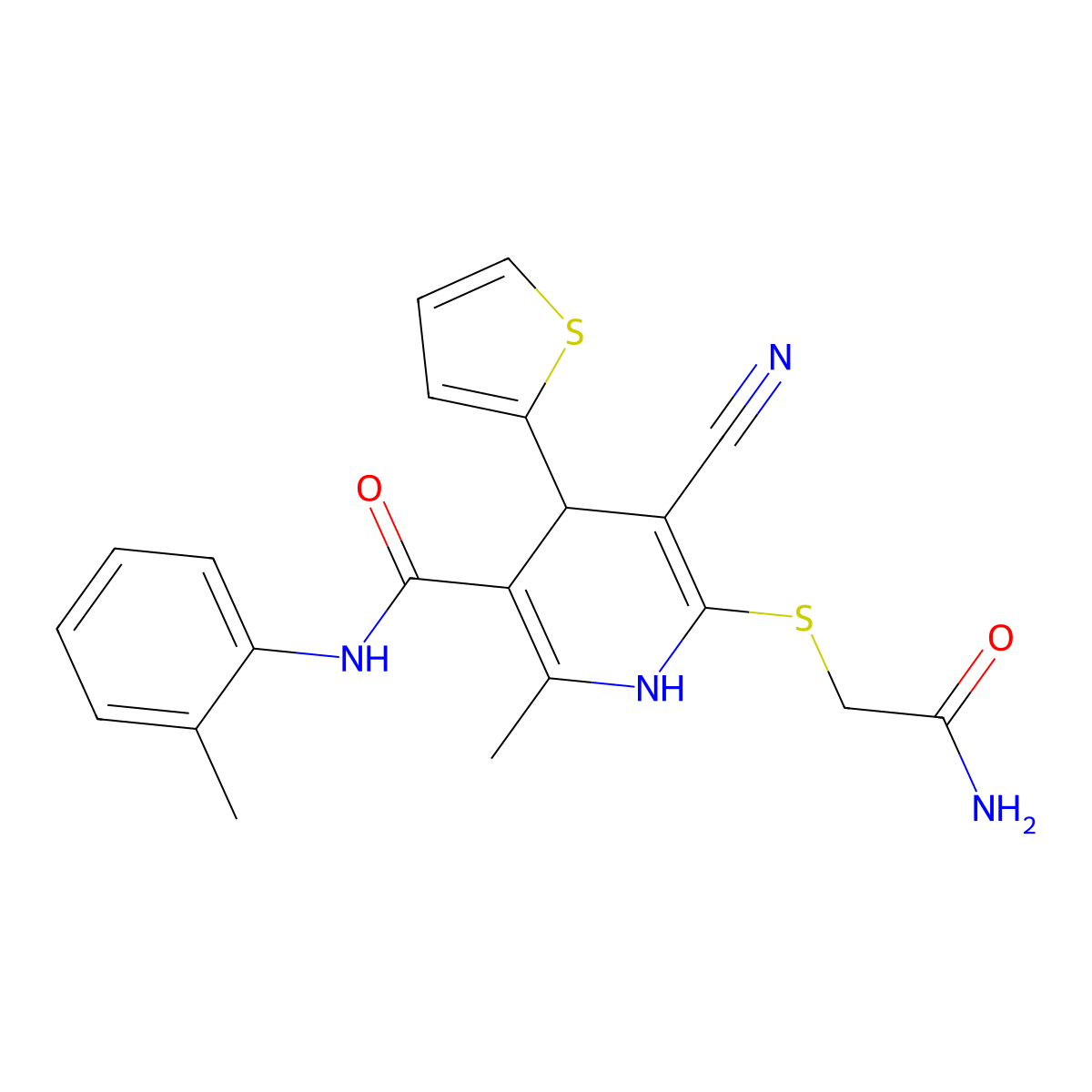 6-[(carbamoylmethyl)sulfanyl]-5-cyano-2-methyl-N-(2-methylphenyl)-4-(thiophen-2-yl)-1,4-dihydropyridine-3-carboxamide molecular structure, CAS 277756-55-5
