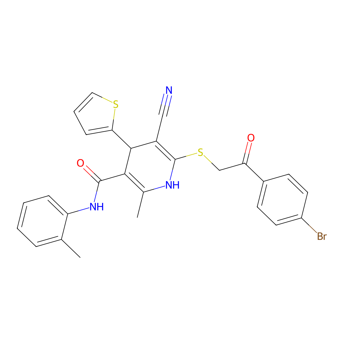 6-[2-(4-bromophenyl)-2-oxoethyl]sulfanyl-5-cyano-2-methyl-N-(2-methylphenyl)-4-thiophen-2-yl-1,4-dihydropyridine-3-carboxamide molecular structure, CAS 277756-56-6