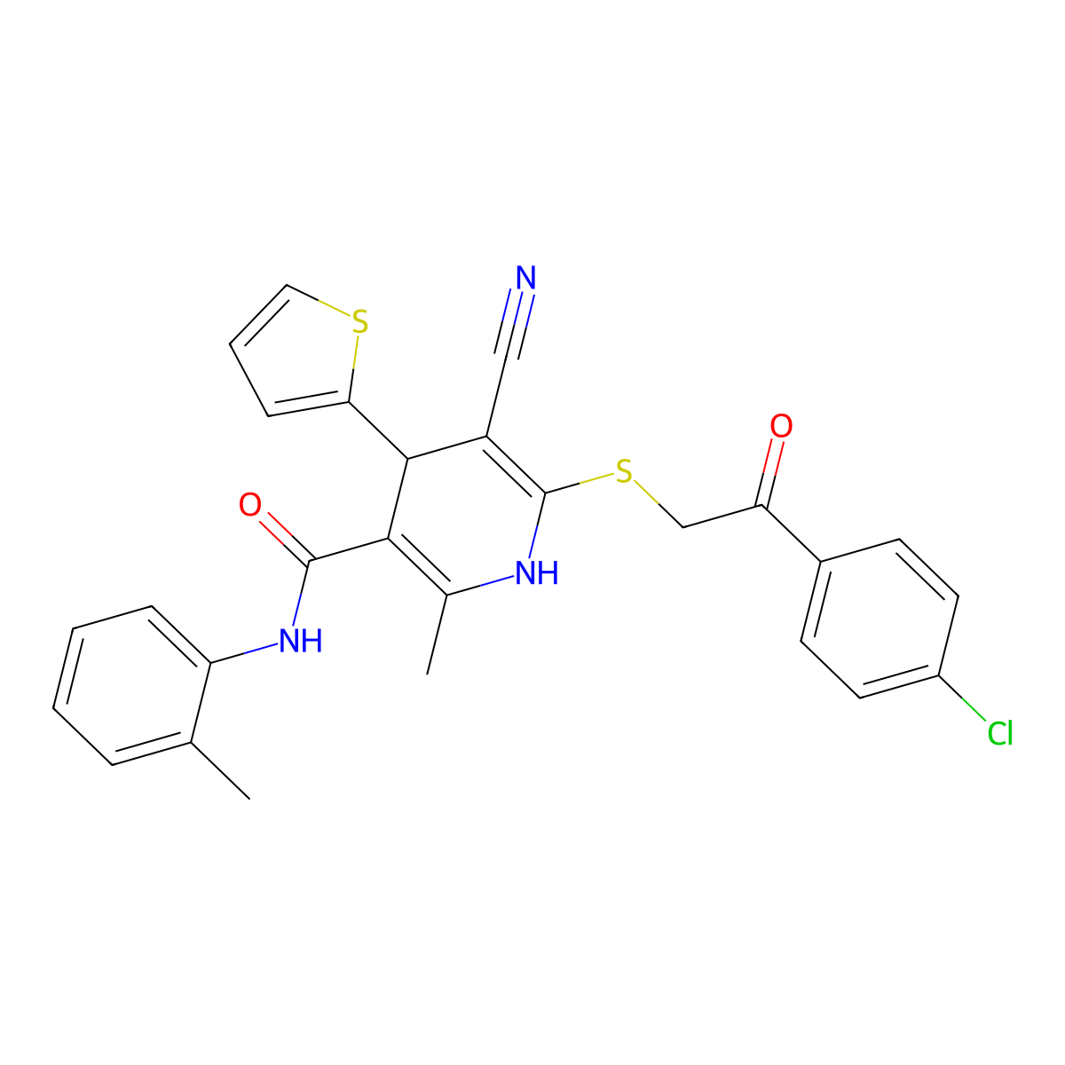 6-[2-(4-chlorophenyl)-2-oxoethyl]sulfanyl-5-cyano-2-methyl-N-(2-methylphenyl)-4-thiophen-2-yl-1,4-dihydropyridine-3-carboxamide molecular structure, CAS 277756-57-7