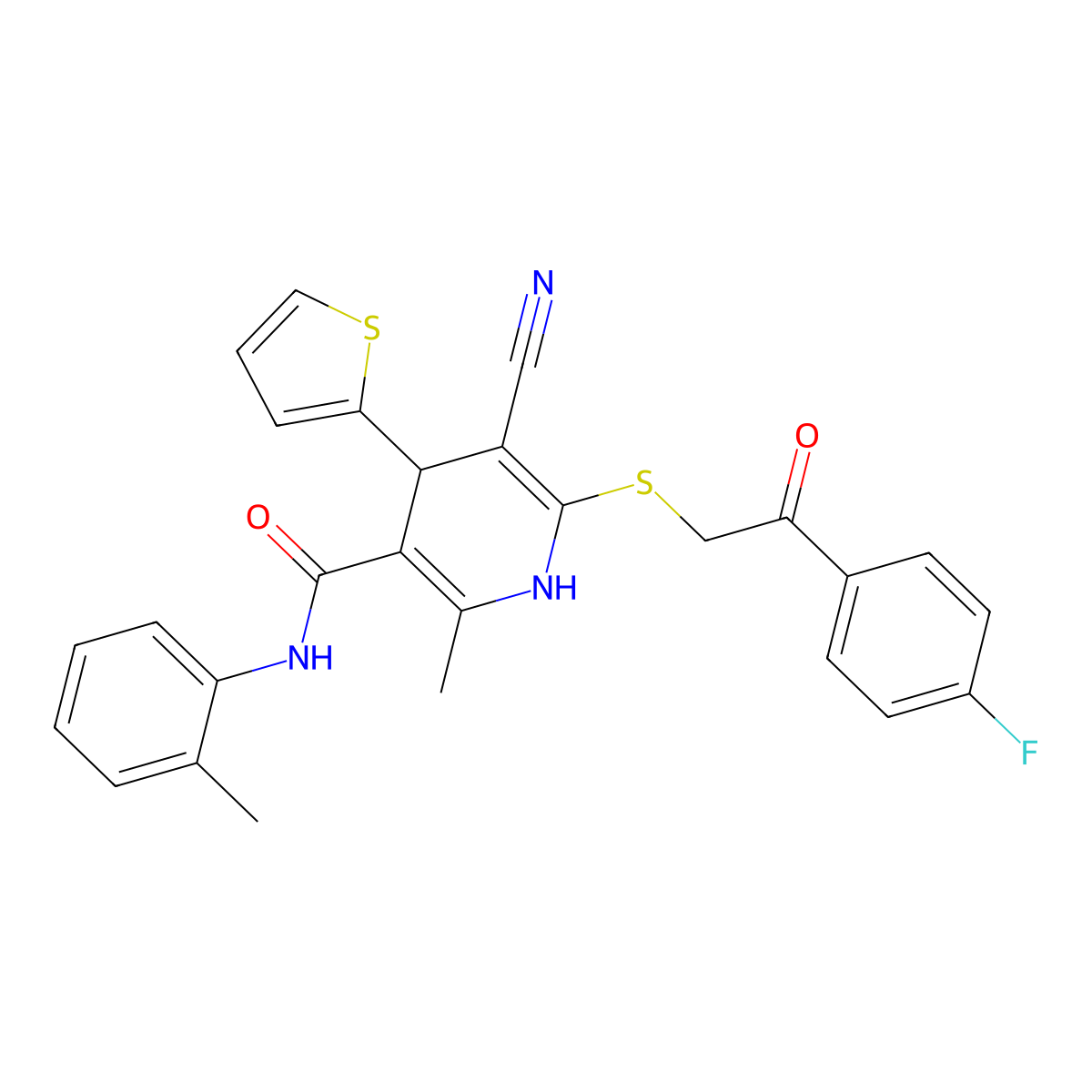 5-cyano-6-[2-(4-fluorophenyl)-2-oxoethyl]sulfanyl-2-methyl-N-(2-methylphenyl)-4-thiophen-2-yl-1,4-dihydropyridine-3-carboxamide molecular structure, CAS 277756-58-8