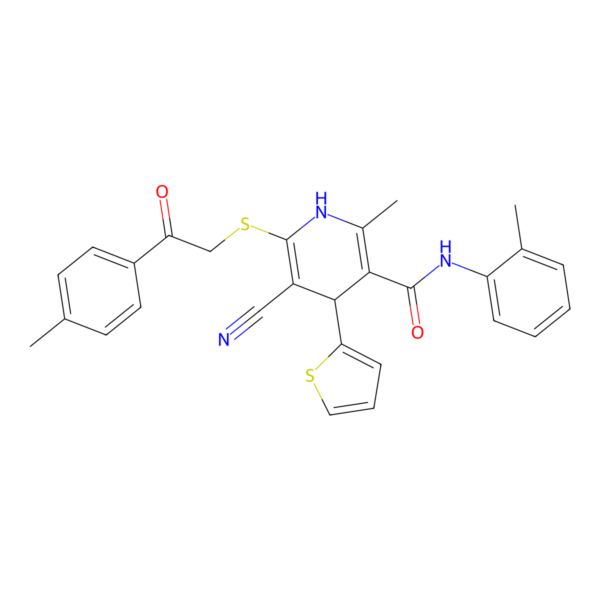 5-cyano-2-methyl-N-(2-methylphenyl)-6-{[2-(4-methylphenyl)-2-oxoethyl]sulfanyl}-4-(thiophen-2-yl)-1,4-dihydropyridine-3-carboxamide molecular structure, CAS 277756-59-9