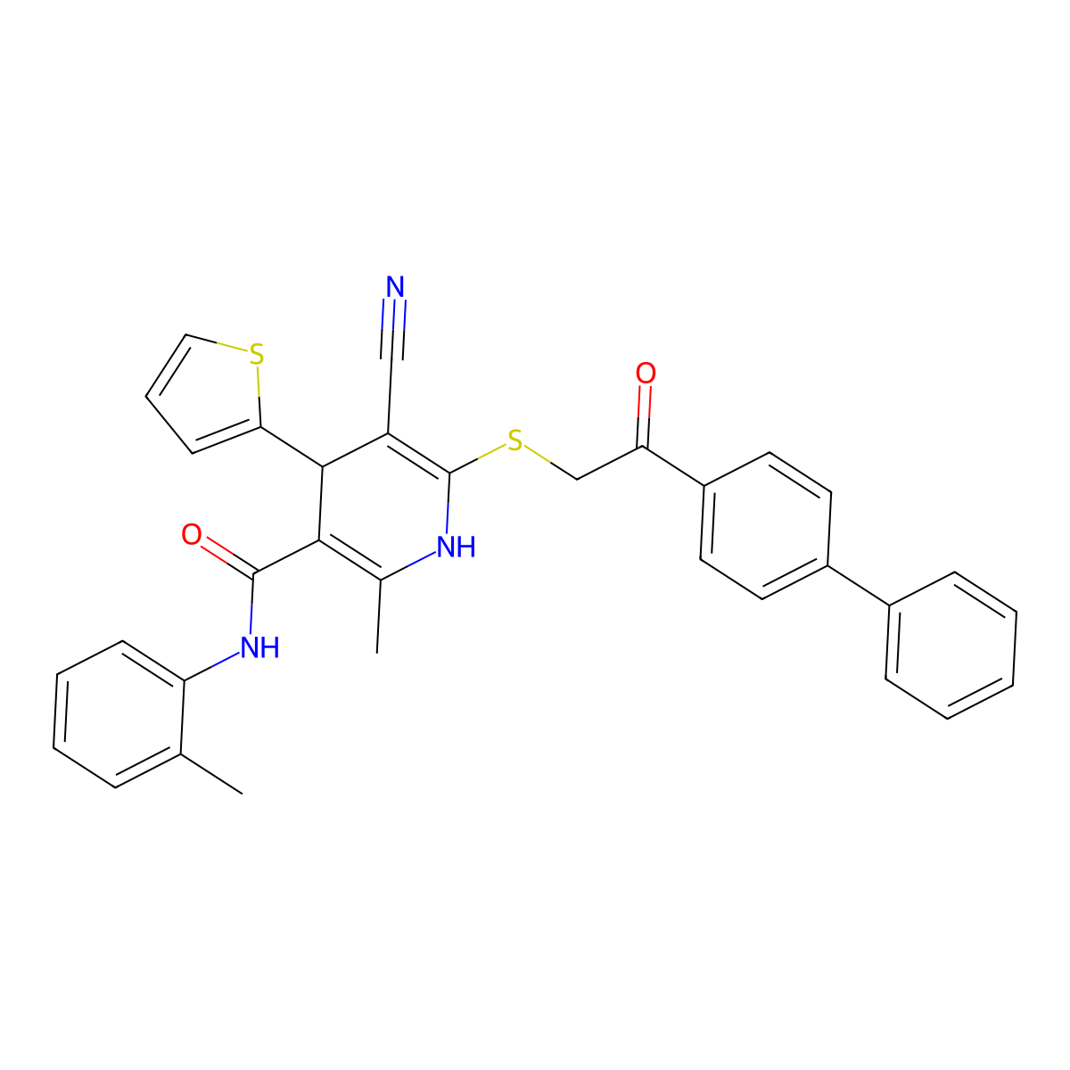 6-((2-([1,1'-biphenyl]-4-yl)-2-oxoethyl)thio)-5-cyano-2-methyl-4-(thiophen-2-yl)-N-(o-tolyl)-1,4-dihydropyridine-3-carboxamide molecular structure, CAS 277756-60-2