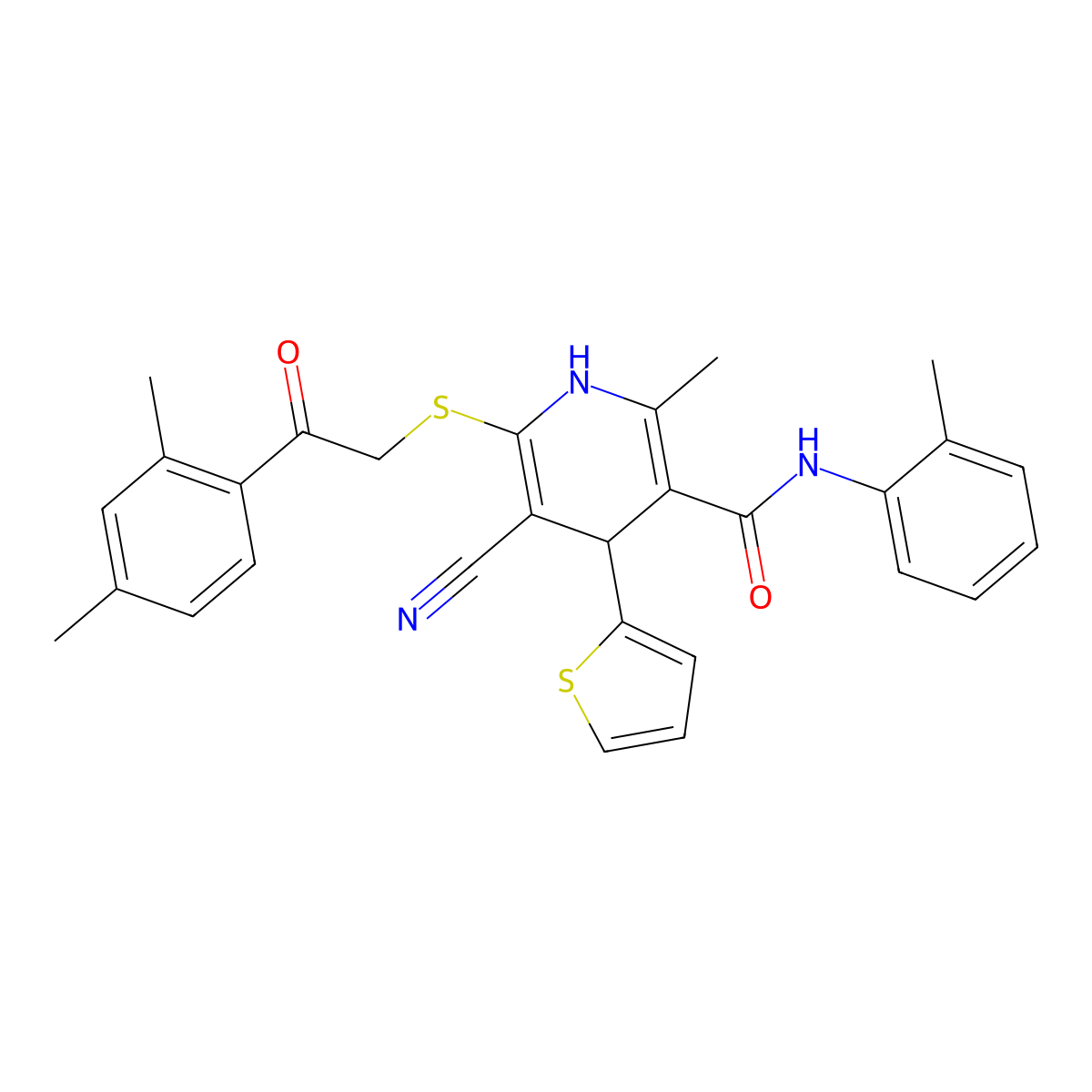 5-cyano-6-[2-(2,4-dimethylphenyl)-2-oxoethyl]sulfanyl-2-methyl-N-(2-methylphenyl)-4-thiophen-2-yl-1,4-dihydropyridine-3-carboxamide molecular structure, CAS 277756-61-3