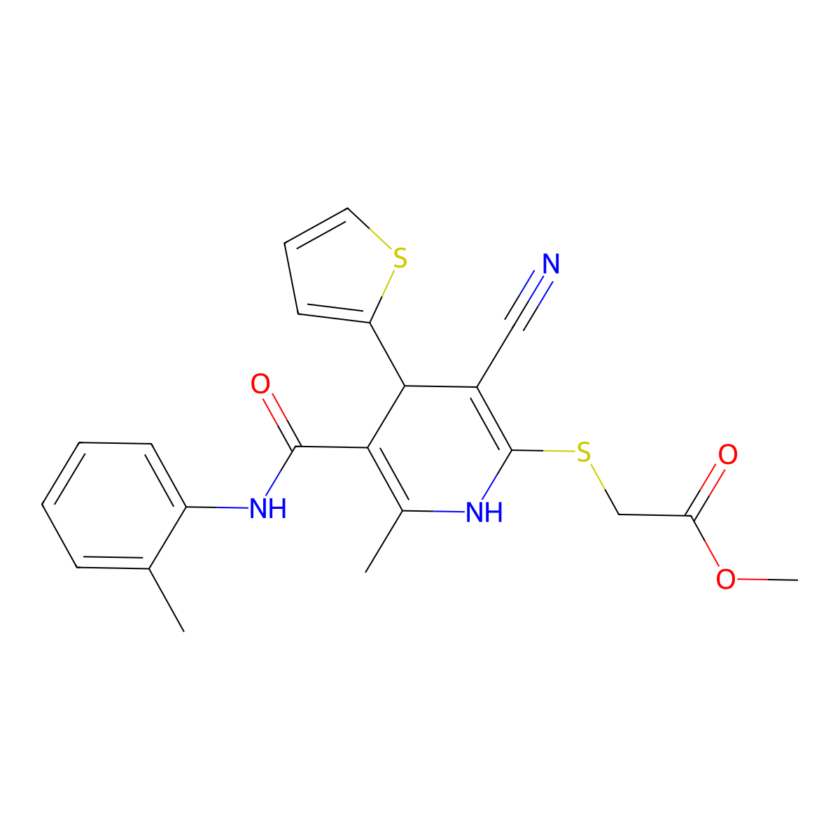 Methyl ({3-cyano-6-methyl-5-[(2-methylphenyl)carbamoyl]-4-(thiophen-2-yl)-1,4-dihydropyridin-2-yl}sulfanyl)acetate molecular structure, CAS 277756-63-5
