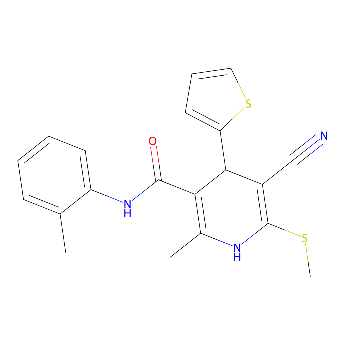 5-cyano-2-methyl-N-(2-methylphenyl)-6-methylsulfanyl-4-thiophen-2-yl-1,4-dihydropyridine-3-carboxamide molecular structure, CAS 277756-65-7