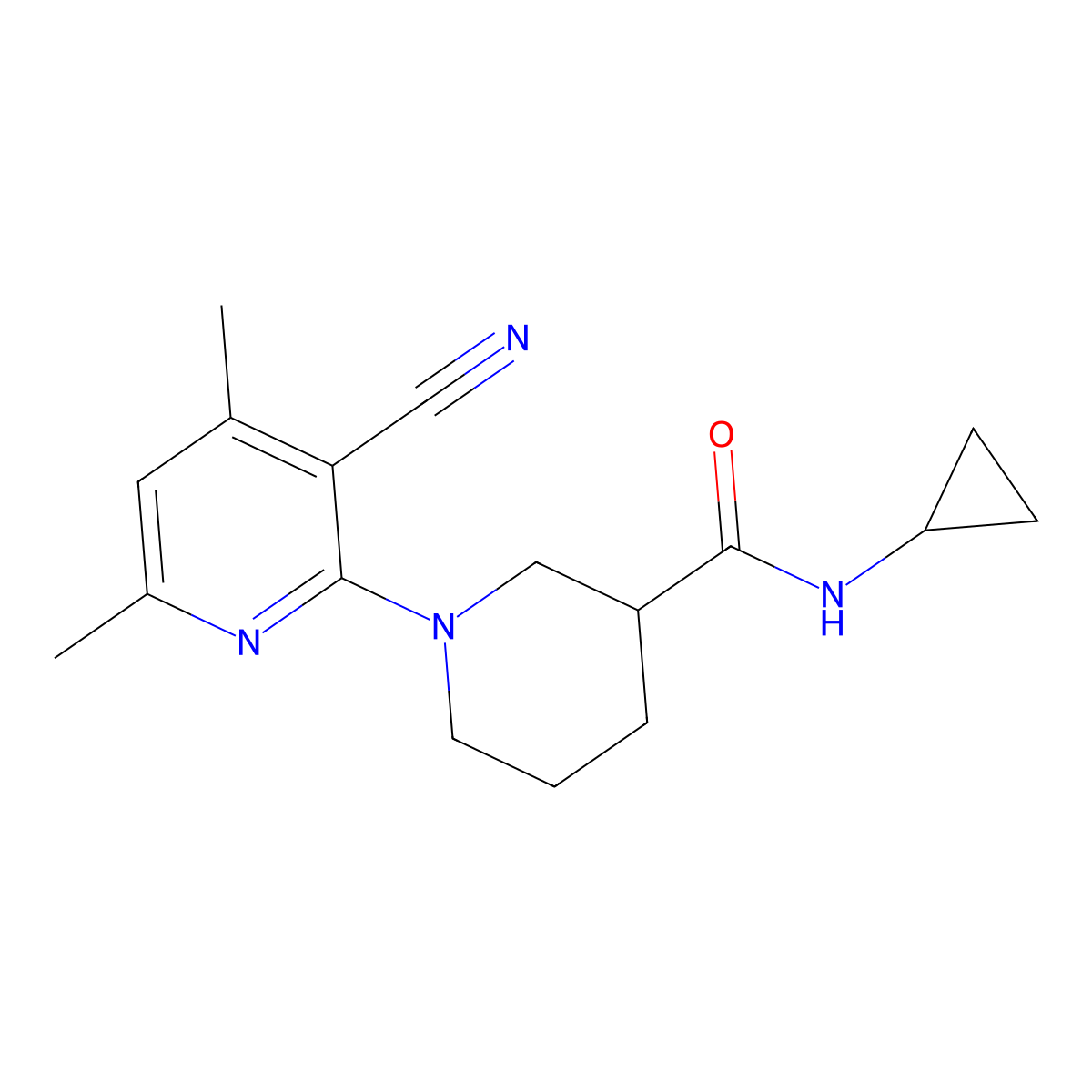 1-(3-cyano-4,6-dimethylpyridin-2-yl)-N-cyclopropylpiperidine-3-carboxamide molecular structure, CAS 2779189-22-7