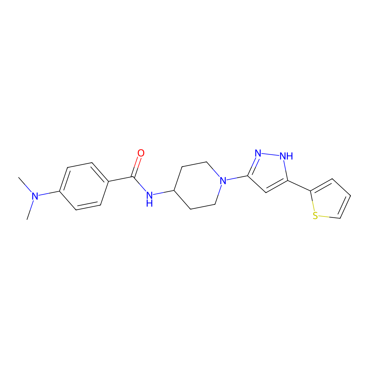 4-(Dimethylamino)-N-{1-[3-(thiophen-2-YL)-1H-pyrazol-5-YL]piperidin-4-YL}benzamide molecular structure, CAS 2780344-37-6