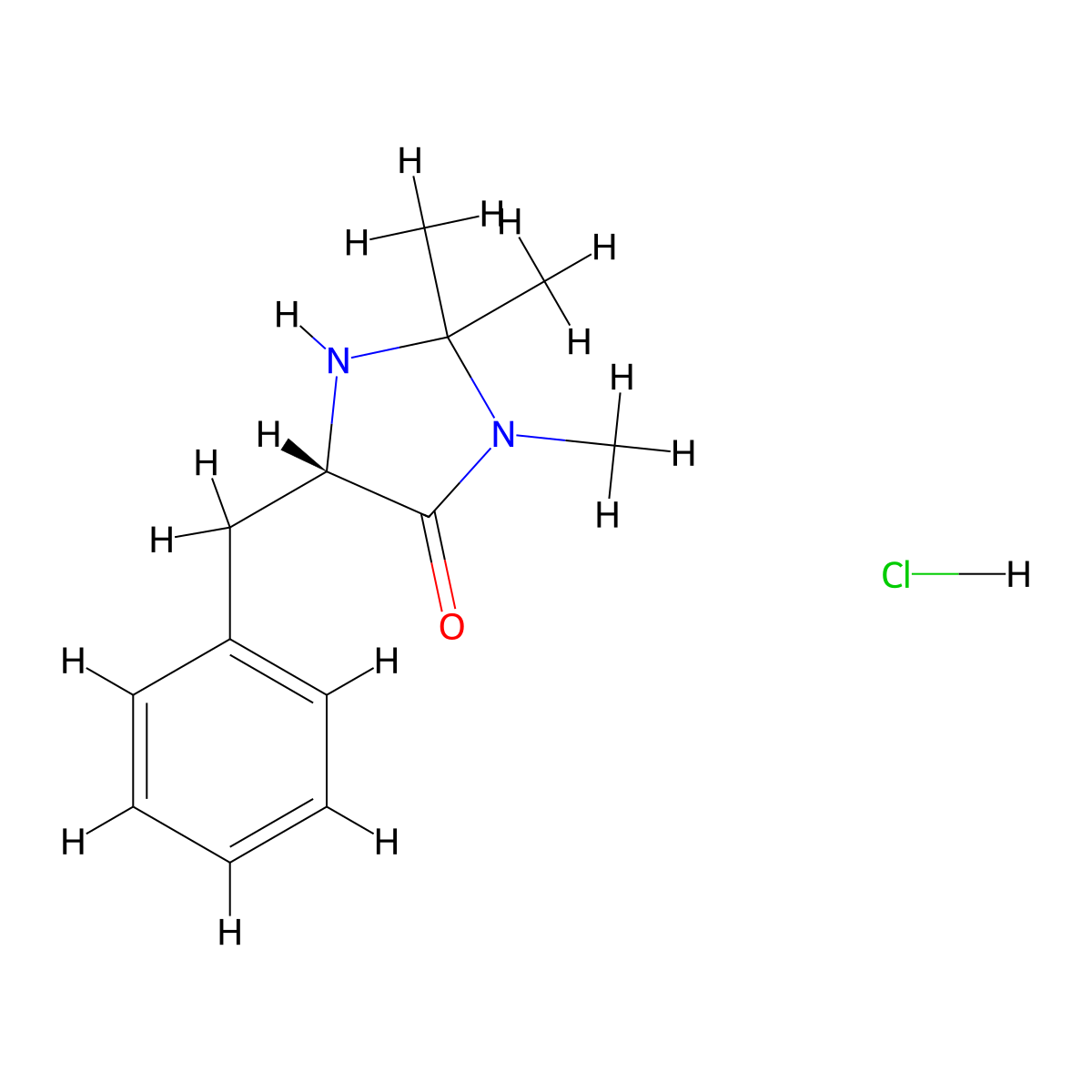 5-Benzyl-2,2,3-trimethylimidazolidin-4-one hydrochloride, (5S)- molecular structure, CAS 278173-23-2