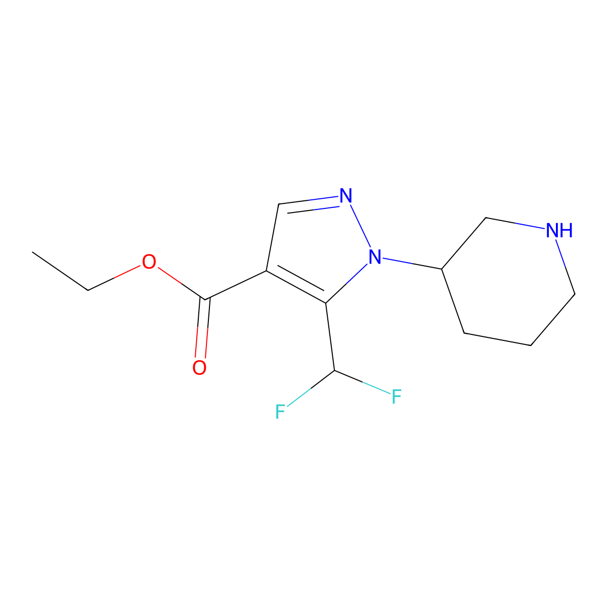 Ethyl 5-(difluoromethyl)-1-(piperidin-3-yl)-1H-pyrazole-4-carboxylate molecular structure, CAS 2781965-82-8