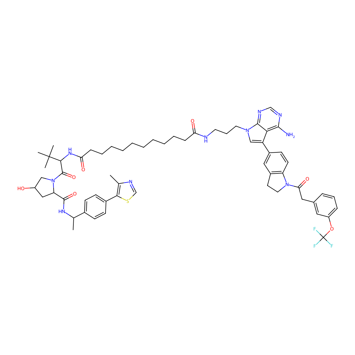 N-[3-[4-amino-5-[1-[2-[3-(trifluoromethoxy)phenyl]acetyl]-2,3-dihydroindol-5-yl]pyrrolo[2,3-d]pyrimidin-7-yl]propyl]-N'-[(2S)-1-[(2S,4R)-4-hydroxy-2-[[(1S)-1-[4-(4-methyl-1,3-thiazol-5-yl)phenyl]ethyl]carbamoyl]pyrrolidin-1-yl]-3,3-dimethyl-1-oxobutan-2-yl]dodecanediamide molecular structure, CAS 2782022-40-4
