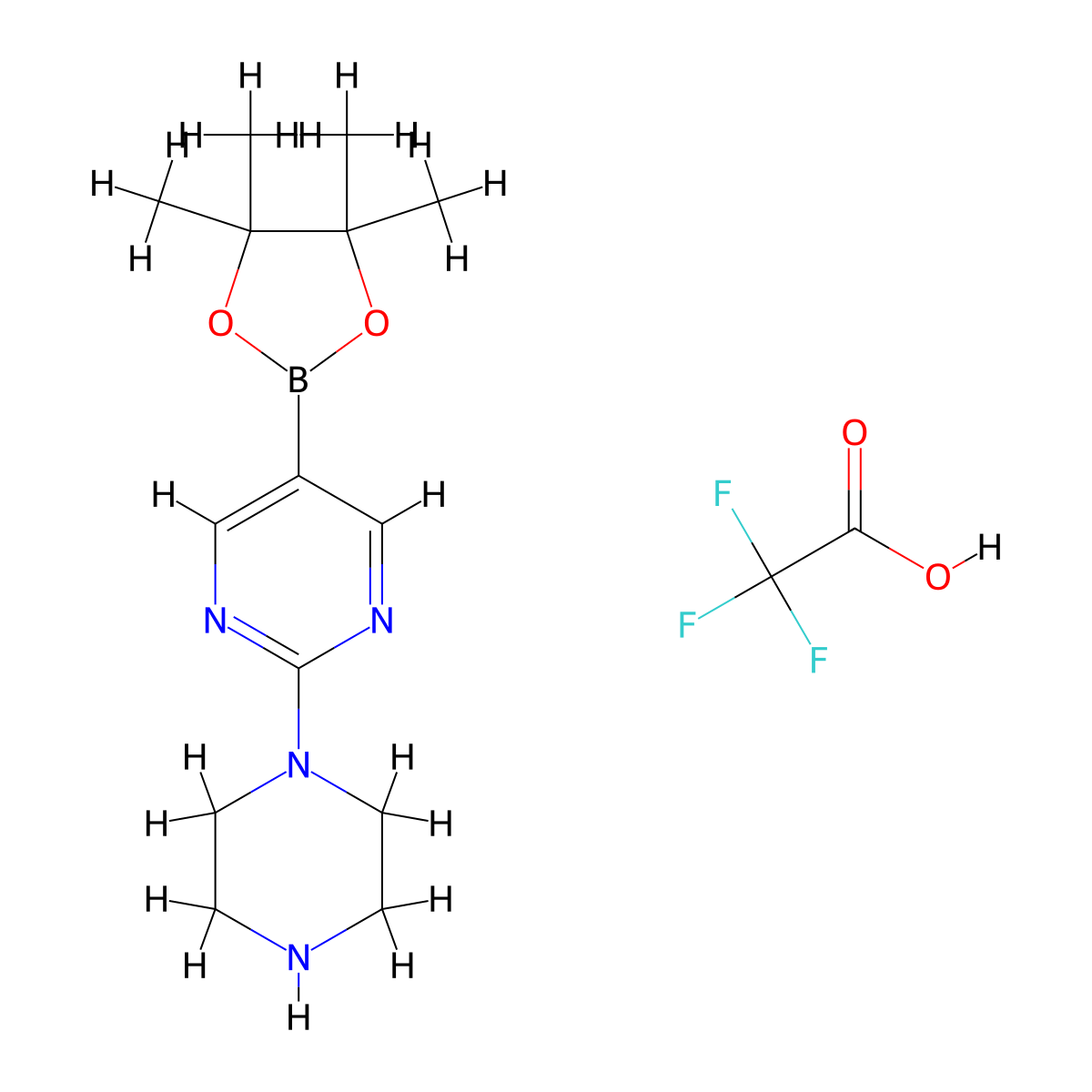 2-(Piperazin-1-yl)-5-(4,4,5,5-tetramethyl-1,3,2-dioxaborolan-2-yl)pyrimidine, trifluoroacetic acid molecular structure, CAS 2782776-47-8