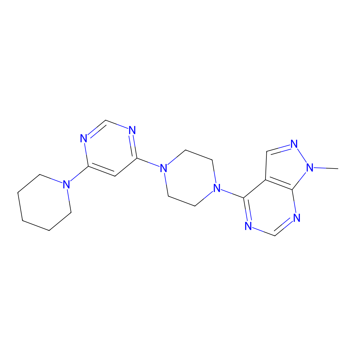 4-(4-{1-methyl-1H-pyrazolo[3,4-d]pyrimidin-4-yl}piperazin-1-yl)-6-(piperidin-1-yl)pyrimidine molecular structure, CAS 2783029-62-7