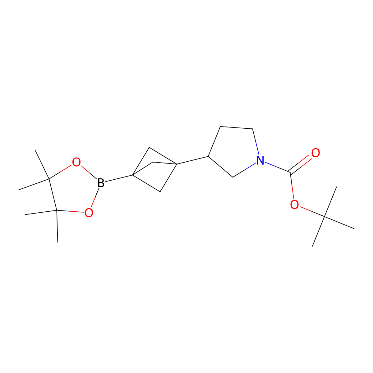 Tert-butyl 3-(3-(4,4,5,5-tetramethyl-1,3,2-dioxaborolan-2-yl)bicyclo(1.1.1)pentan-1-yl)pyrrolidine-1-carboxylate molecular structure, CAS 2784646-68-8