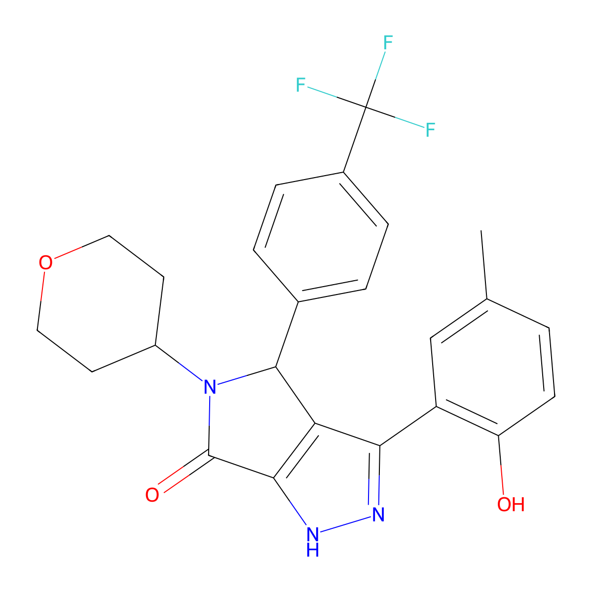 3-(2-Hydroxy-5-methylphenyl)-5-(oxan-4-yl)-4-[4-(trifluoromethyl)phenyl]-1,4-dihydropyrrolo[3,4-c]pyrazol-6-one molecular structure, CAS 2785323-68-2