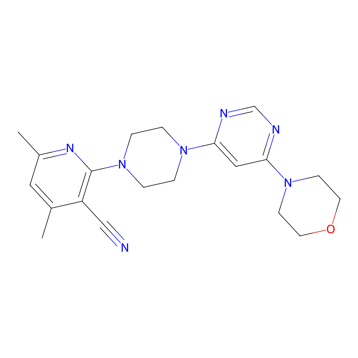 4,6-Dimethyl-2-{4-[6-(morpholin-4-yl)pyrimidin-4-yl]piperazin-1-yl}pyridine-3-carbonitrile molecular structure, CAS 2786054-70-2