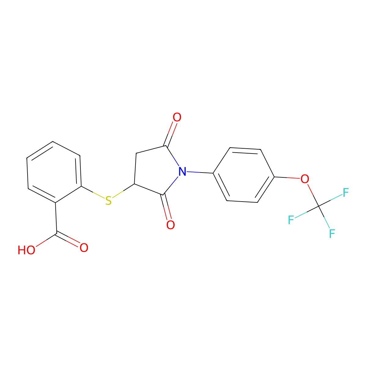 2-((2,5-Dioxo-1-(4-(trifluoromethoxy)phenyl)pyrrolidin-3-yl)thio)benzoic acid molecular structure, CAS 278609-78-2