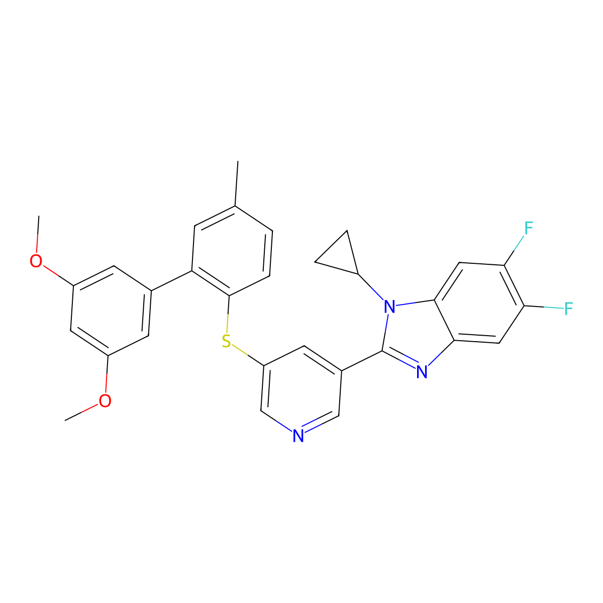 1-cyclopropyl-2-(5-((3',5'-dimethoxy-5-methyl-[1,1'-biphenyl]-2-yl)thio)pyridin-3-yl)-5,6-difluoro-1H-benzo[d]imidazole molecular structure, CAS 2786716-45-6
