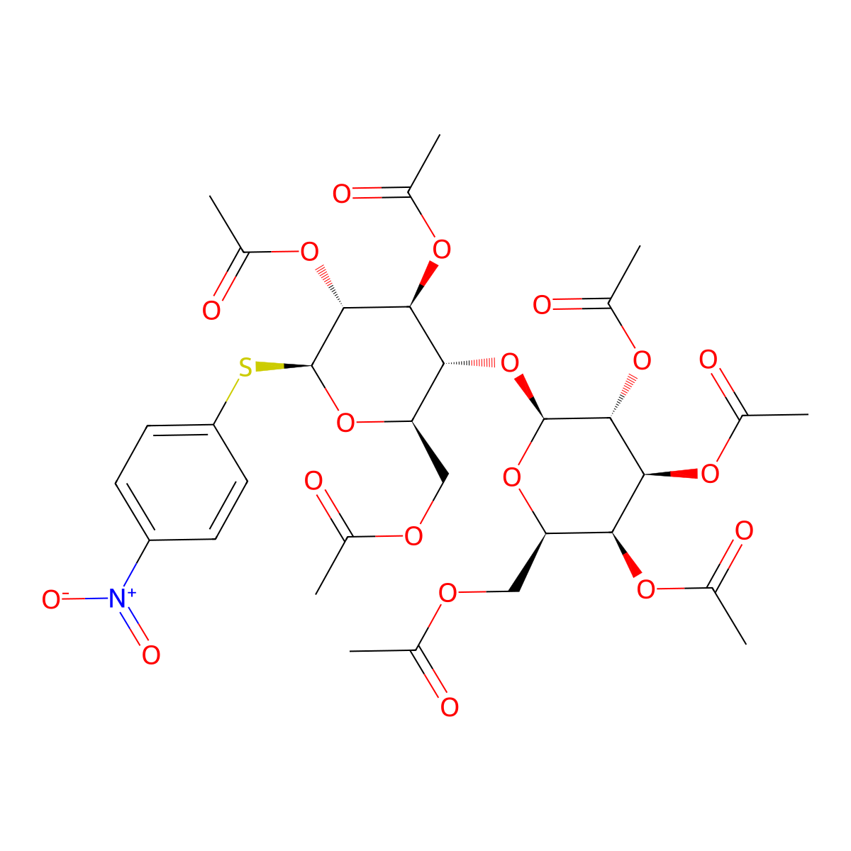 4-Nitrophenyl 4-O-(2,3,4,6-tetra-O-acetyl-b-D-galactopyranosyl)-2,3,6-tri-O-acetyl-b-D-thioglucopyranoside molecular structure, CAS 27894-81-1