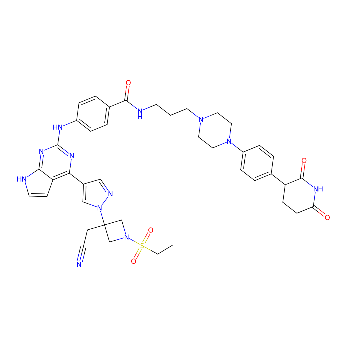 4-((4-(1-(3-(Cyanomethyl)-1-(ethylsulfonyl)azetidin-3-yl)-1H-pyrazol-4-yl)-7H-pyrrolo[2,3-d]pyrimidin-2-yl)amino)-N-(3-(4-(4-(2,6-dioxopiperidin-3-yl)phenyl)piperazin-1-yl)propyl)benzamide molecular structure, CAS 2789678-92-6